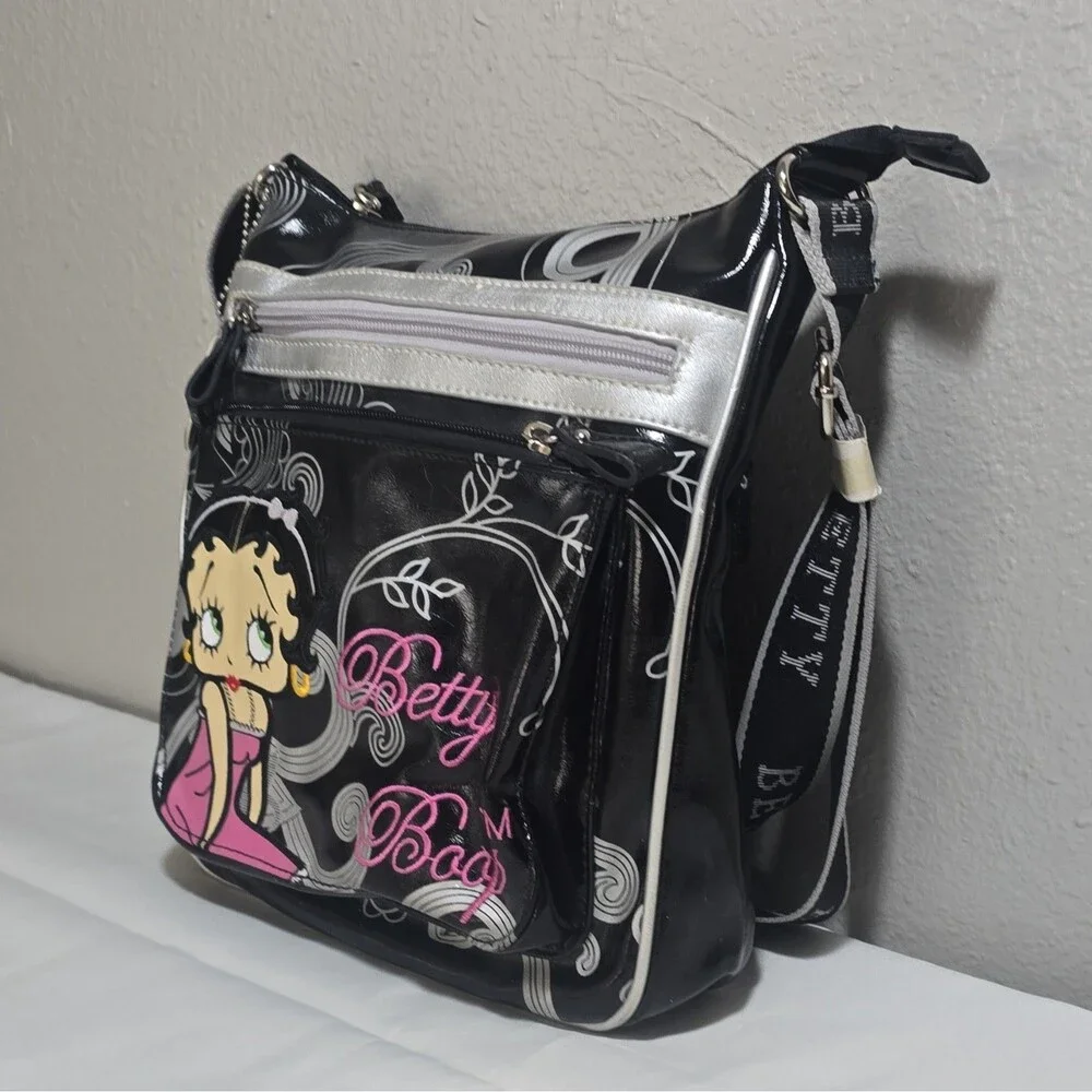 Betty Boop Black Silver Patent Crossbody Bag Purse Y2K Graphic Print Zip Charm